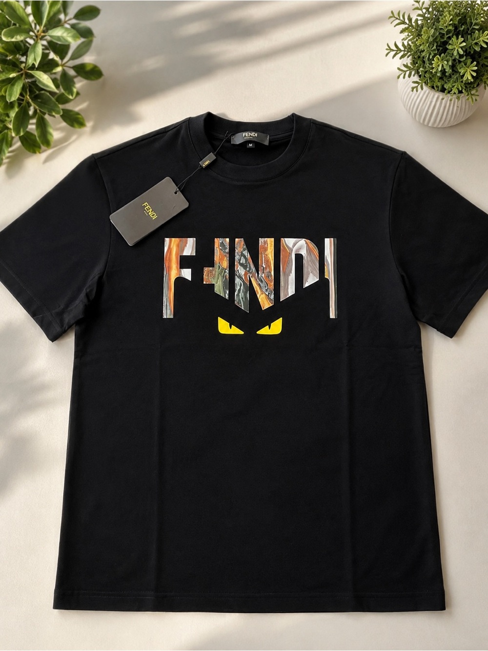 Fendi Black Tee with Multicolor Logo